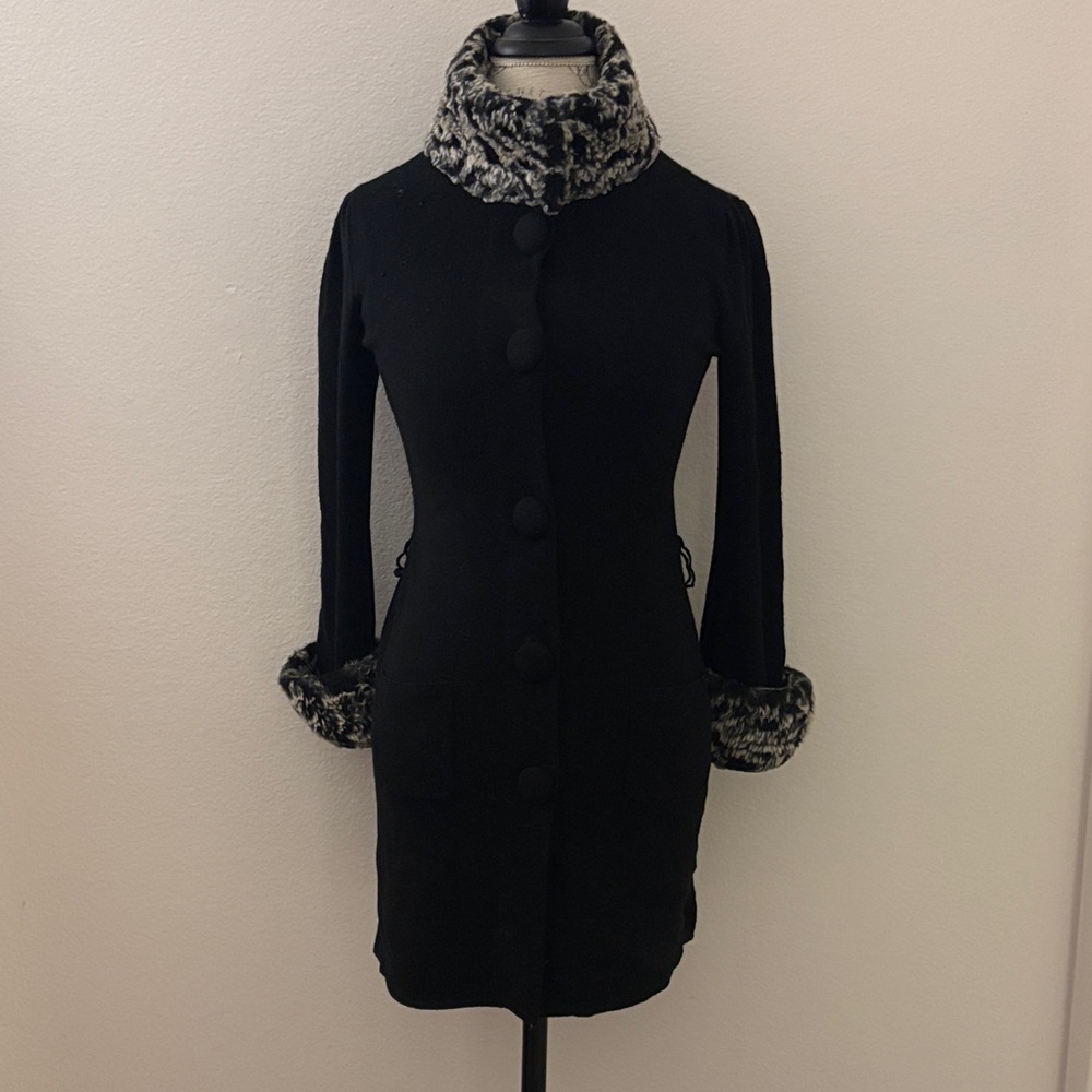 Black Long-Sleeve Knit Dress with Faux Fur Trim